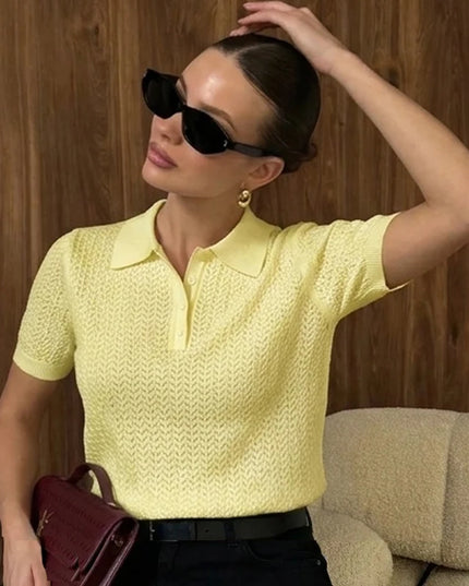 Hollow Knit Short Sleeve Polo T-Shirt for Women