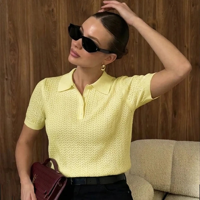 Hollow Knit Short Sleeve Polo T-Shirt for Women