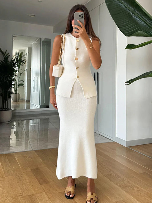 Elegant Women's Two-Piece Slim Waistcoat and Midi Skirt Set