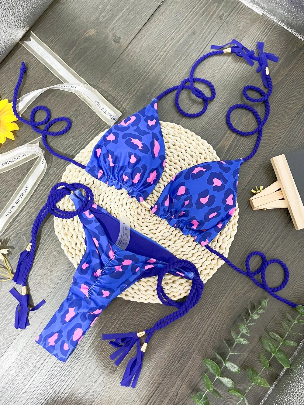 Leopard Print Two-Piece Bikini Set - Women's Swimwear