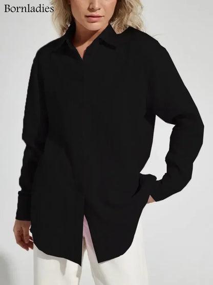 Women's Loose-Fit Long Sleeve Cotton Shirt - Various Colors