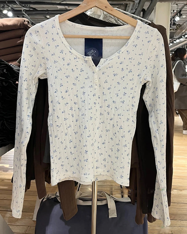Women's Hollow Out Long Sleeve Round Neck Button-Up Slim Fit Cotton Sweater