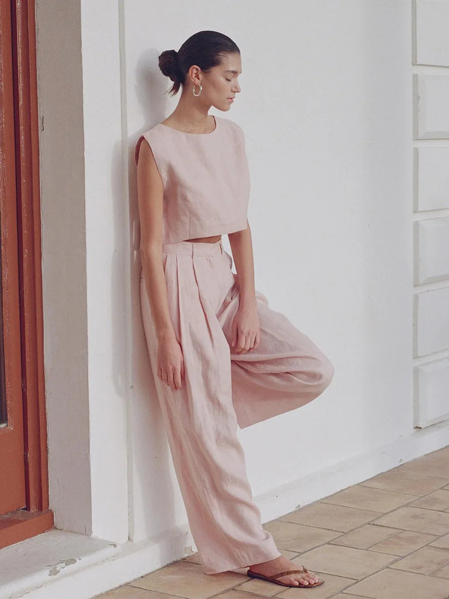 Women's Cotton Linen Two-Piece Vest and Pants Set