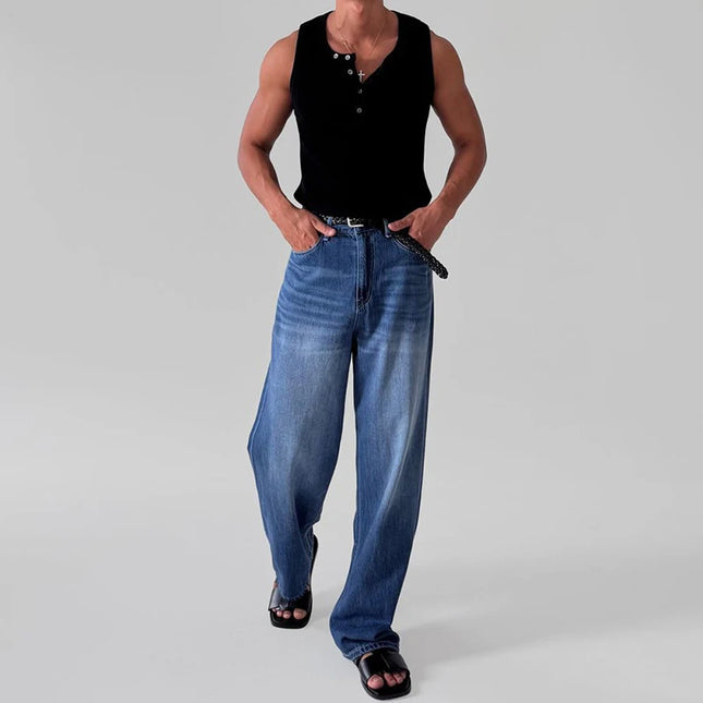 Men's Slim Fit Elastic Breathable Crew Neck Button Ribbed Vest