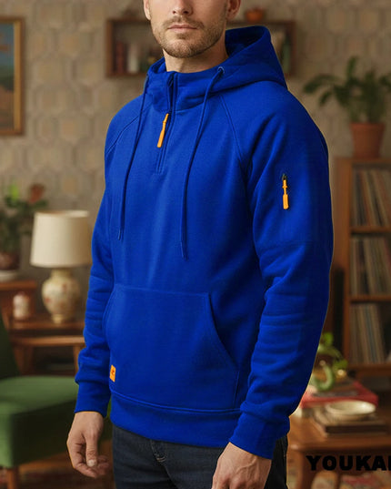 Men's Retro Hooded Sweatshirt with Long Sleeves, Zipper, Multiple Pockets