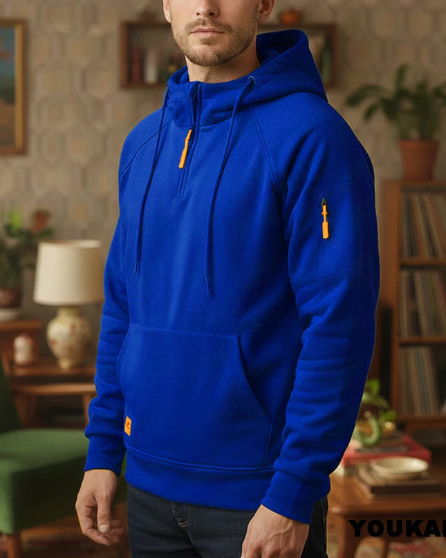 Men's Retro Hooded Sweatshirt with Long Sleeves, Zipper, Multiple Pockets