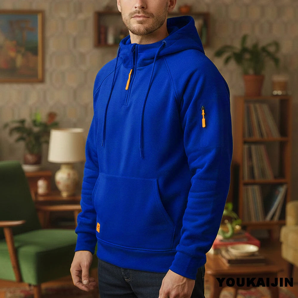 Men's Retro Hooded Sweatshirt with Long Sleeves, Zipper, Multiple Pockets
