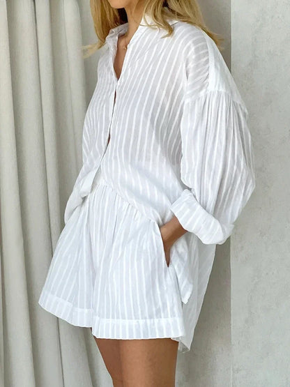 Women's Casual Two-Piece Striped Jacquard Shirt and Elastic Waist Shorts Set