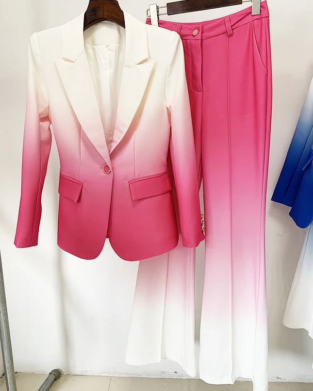 Women's Gradient Color Printed Two-Piece Blazer and Flare Pants Set
