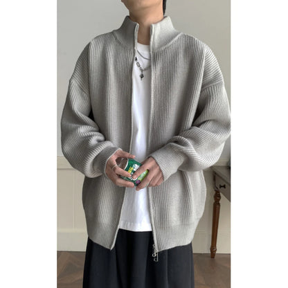 Men's Loose Knit Cardigan Sweater with Zip Closure