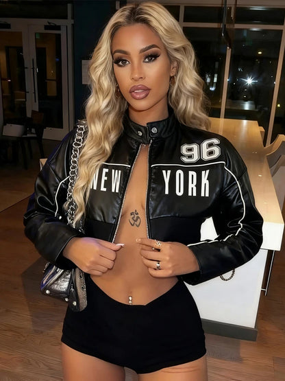 Women's Letter Print PU Crop Jacket