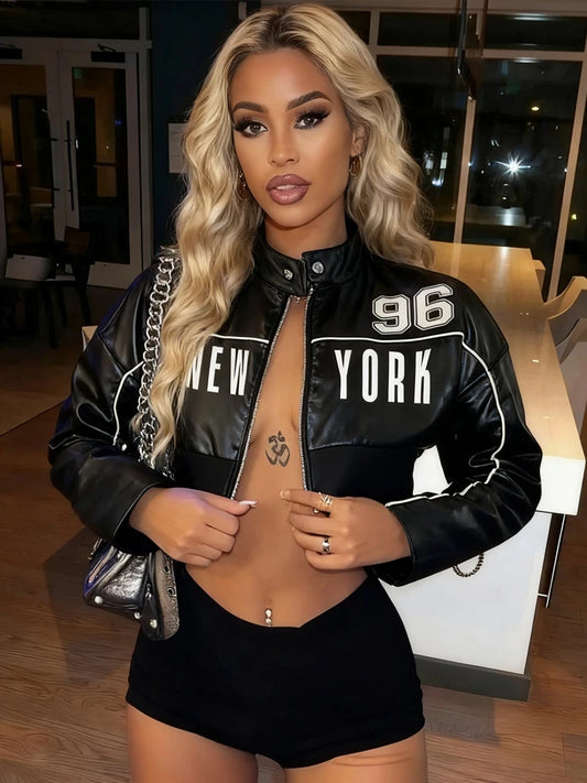 Women's Letter Print PU Crop Jacket