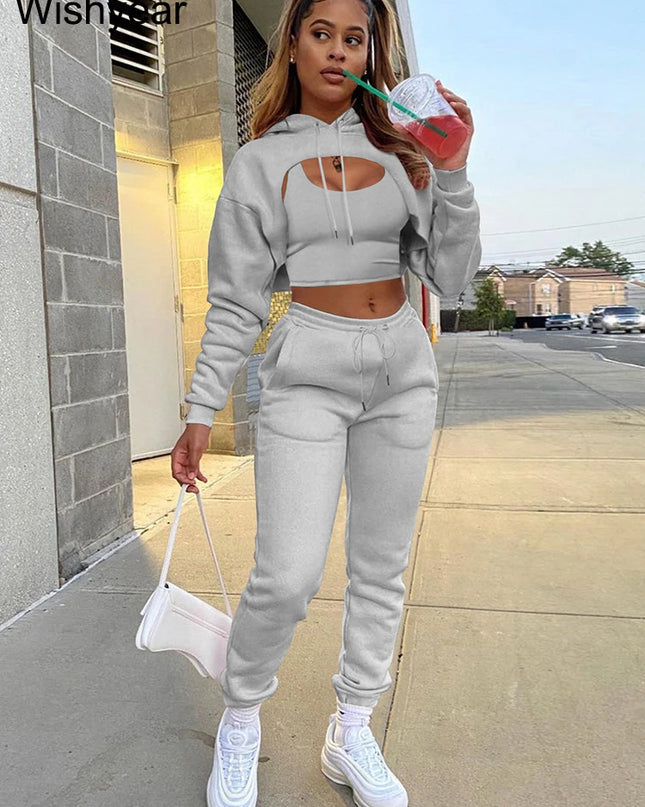 Wisyear Women's 3-Piece Velvet Tracksuit Set - Crop Hoodie, Vest, and Sweatpants Matching Outfit