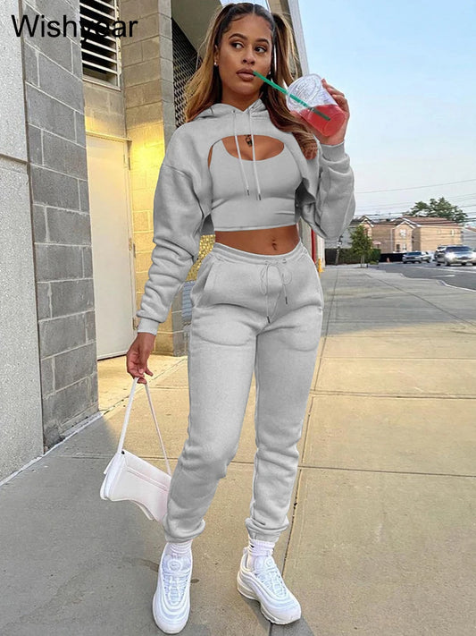 Wisyear Women's 3-Piece Velvet Tracksuit Set - Crop Hoodie, Vest, and Sweatpants Matching Outfit