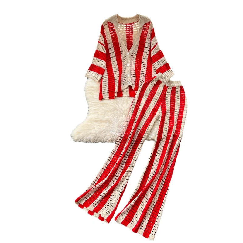 Wishyear Women's Two-Piece Striped Knit V-Neck Hollow Out Button Top & Wide Leg Pants Set