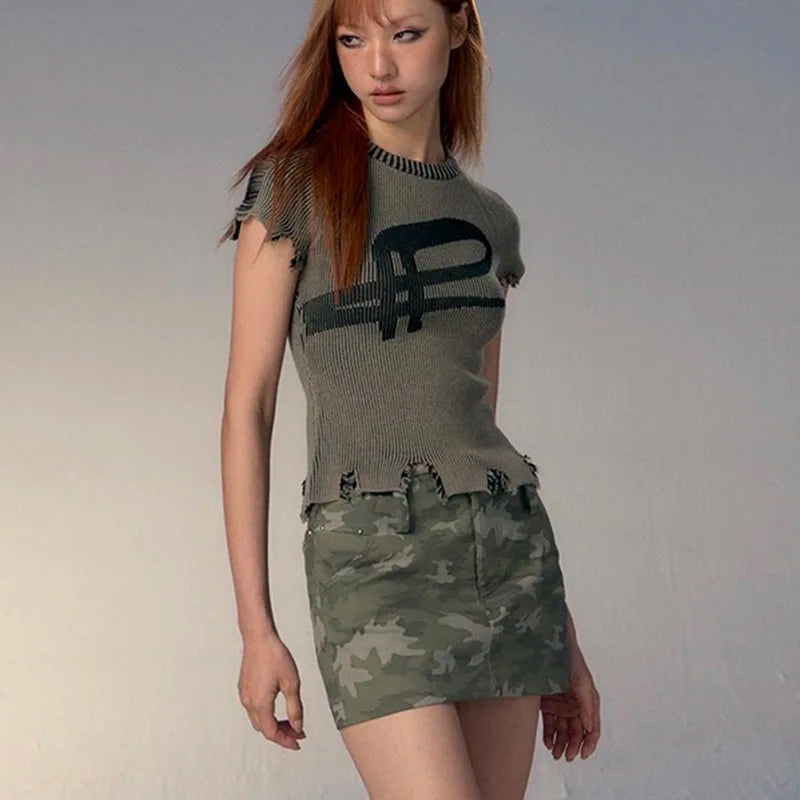 Karrcat Women's Knitted T-Shirt – Vintage Distressed Slim Fit & Ribbed Design