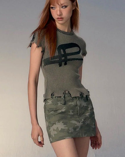 Karrcat Women's Knitted T-Shirt – Vintage Distressed Slim Fit & Ribbed Design