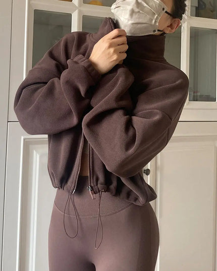 Women's High-Waist Casual Zip-Up Jacket with High Collar
