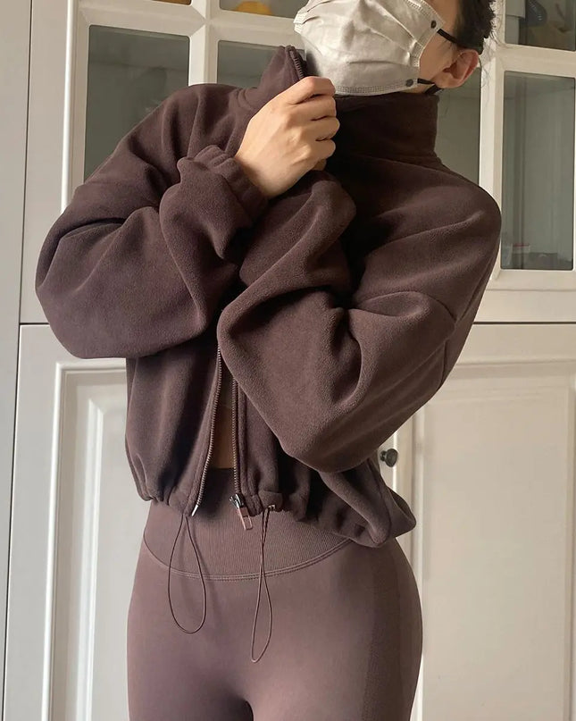 Women's High-Waist Casual Zip-Up Jacket with High Collar