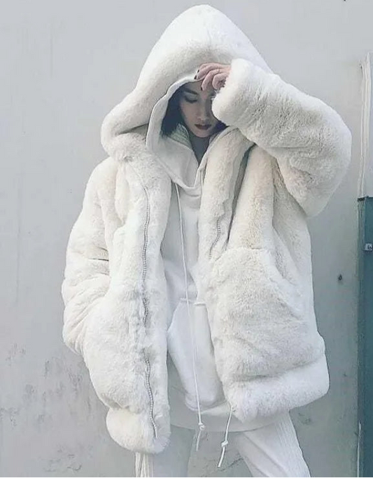 Women's Loose Fit Faux Mink Fur Hooded Coat