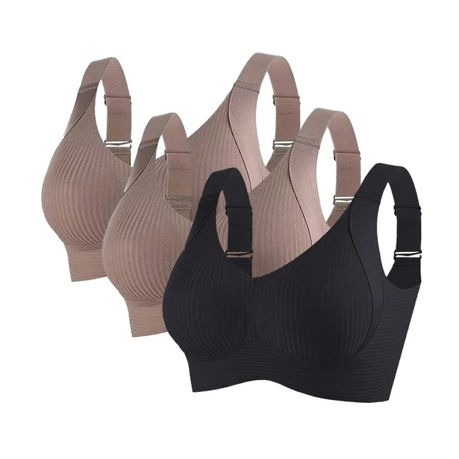 3-Piece Women's Non-Wire Push-Up Bra Set with Seamless Ribbed Design