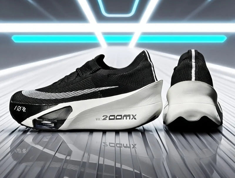 Black and white running shoes with 'ZoomX' branding on a futuristic background