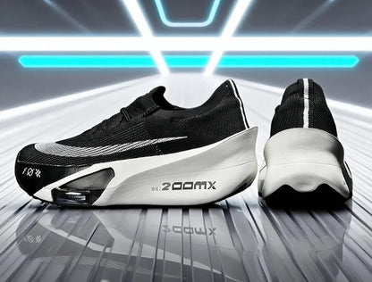 Black and white running shoes with 'ZoomX' branding on a futuristic background