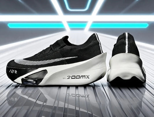 Black and white running shoes with 'ZoomX' branding on a futuristic background