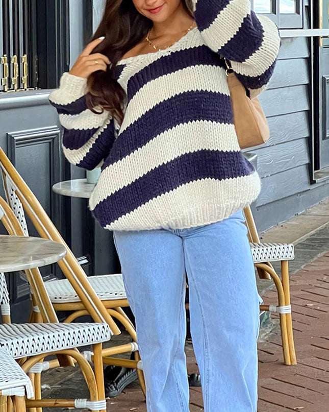 Oversized Women's Striped Chunky Knit Sweater with Drop Shoulders