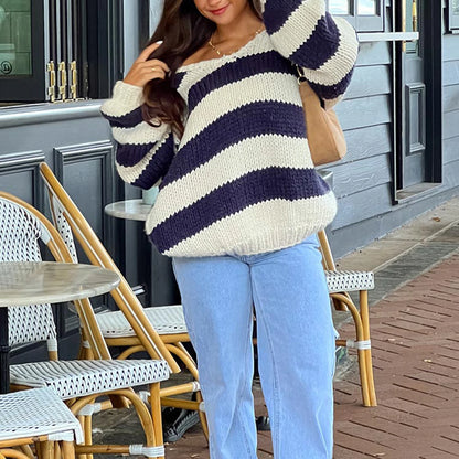 Oversized Women's Striped Chunky Knit Sweater with Drop Shoulders