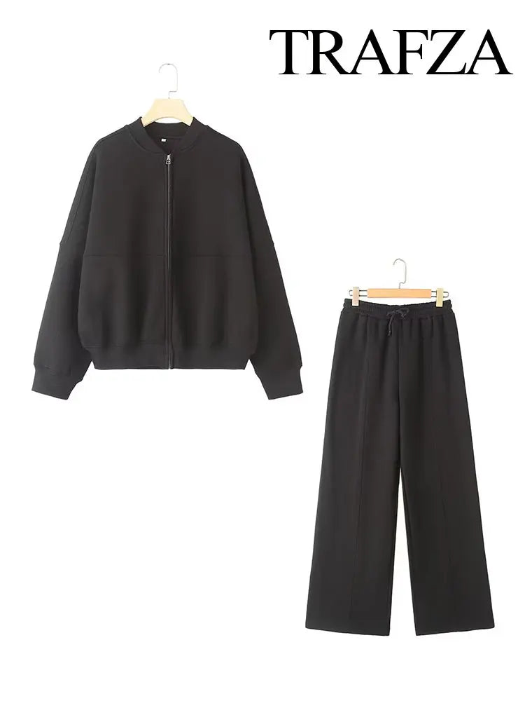 TRAFZA Women's 2-Piece Retro Zipper Jacket & High-Waisted Lace-Up Loose Pants Set