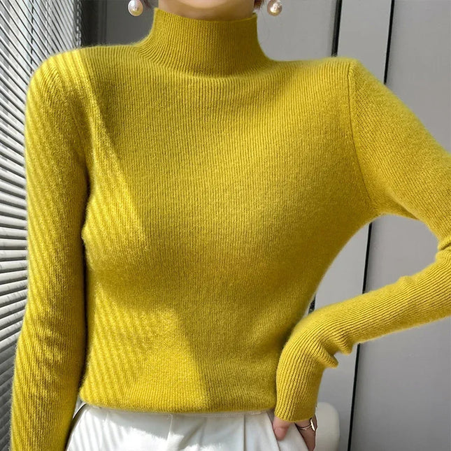 Ribbed Neck Sweater for Women - Fitted Knitted Pullovers