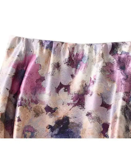 Women's High-Waisted Floral Print Satin-Like Long Skirt