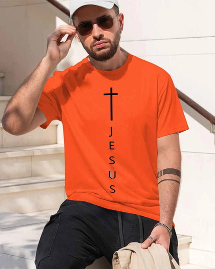 Men's 100% Cotton Casual T-Shirt with Large Cross and Jesus Letter Print
