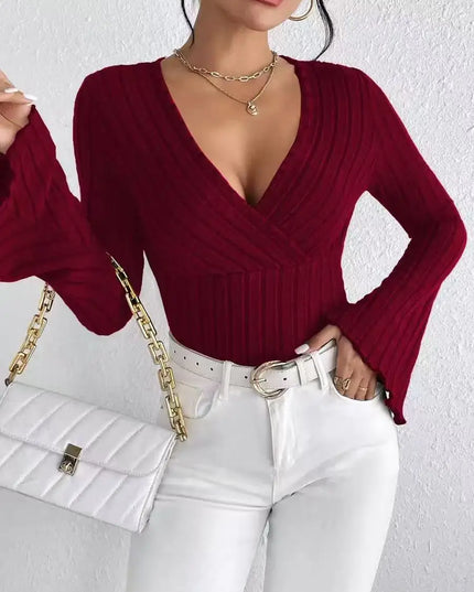 Women's Long-Sleeve V-Neck Slim Fit Striped Sweater