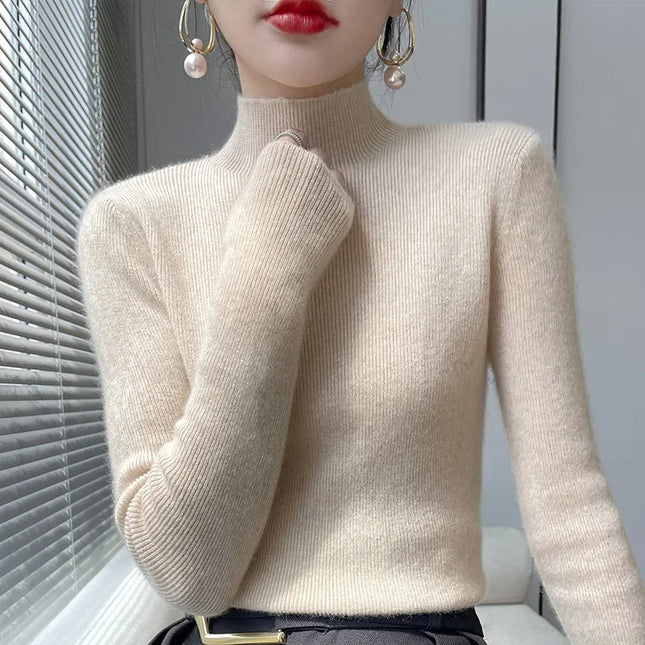 Ribbed Neck Sweater for Women - Fitted Knitted Pullovers