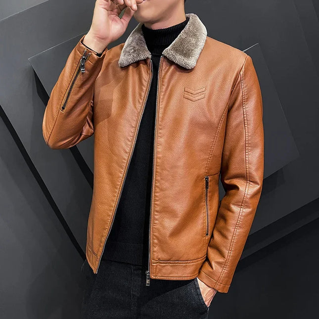 Men's Vintage Faux Leather Jacket with Faux Fur Collar - Various Colors