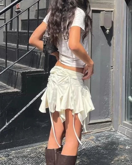 Women’s Irregular Mini Skirt with Drawstring, Tie-Up, Ruched Details, and Ruffles