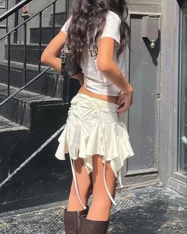 Women’s Irregular Mini Skirt with Drawstring, Tie-Up, Ruched Details, and Ruffles