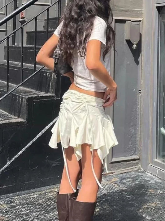 Women’s Irregular Mini Skirt with Drawstring, Tie-Up, Ruched Details, and Ruffles