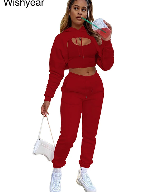 Wisyear Women's 3-Piece Velvet Tracksuit Set - Crop Hoodie, Vest, and Sweatpants Matching Outfit