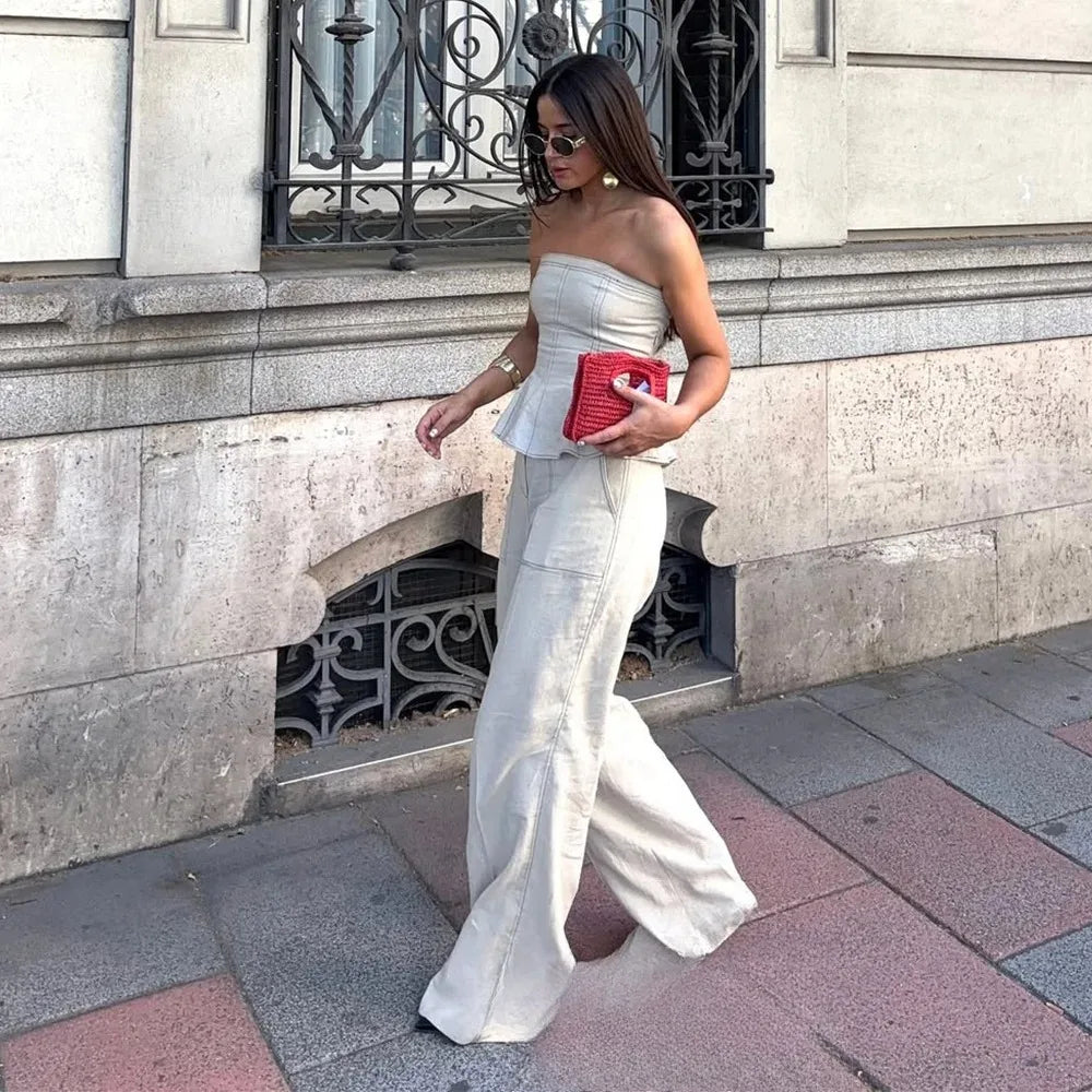 Women's Two-Piece Set: Sleeveless Tube Top & High-Waist Wide Leg Pants