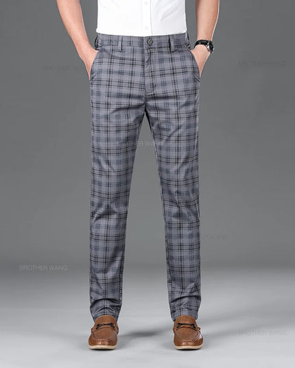Slim Fit Cotton Plaid Stretch Trousers for Men