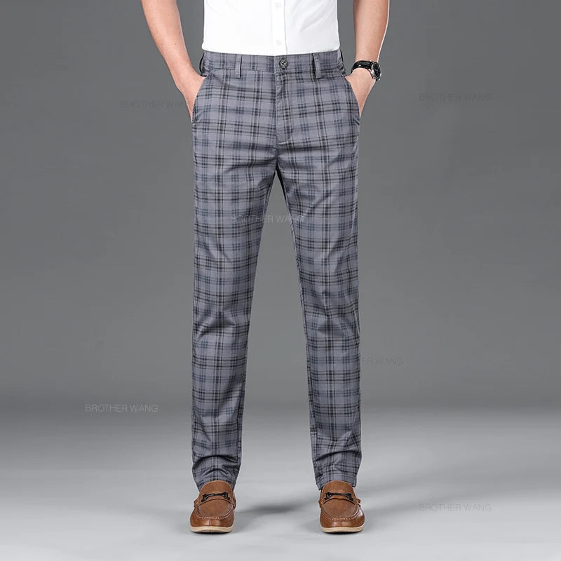 Slim Fit Cotton Plaid Stretch Trousers for Men