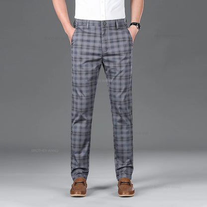Slim Fit Cotton Plaid Stretch Trousers for Men
