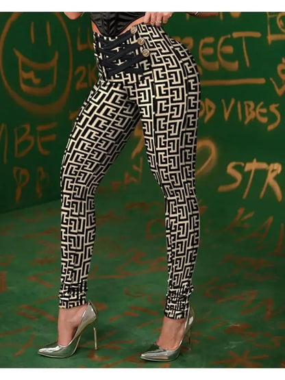 Women's High-Waist Geometric Criss-Cross Button-Detail Pencil Pants
