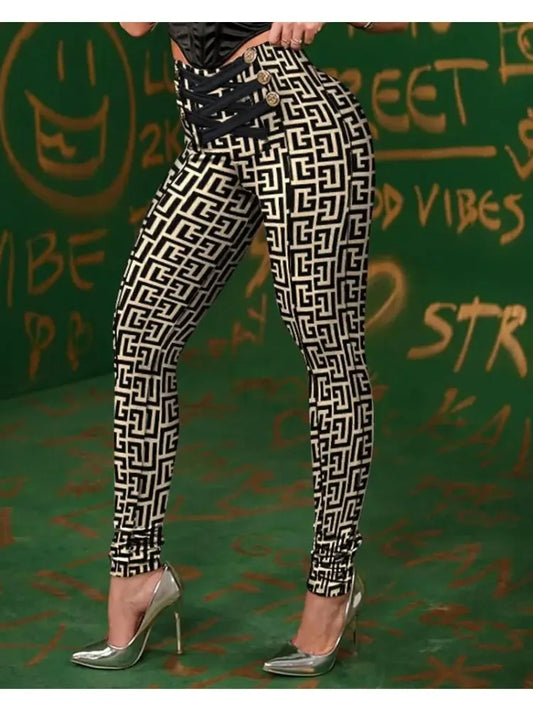 Women's High-Waist Geometric Criss-Cross Button-Detail Pencil Pants
