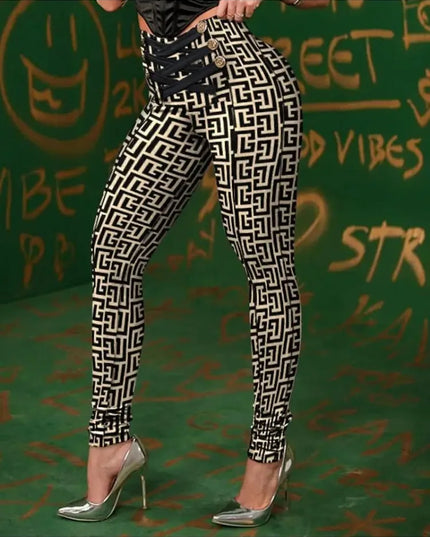 Women's High-Waist Geometric Criss-Cross Button-Detail Pencil Pants