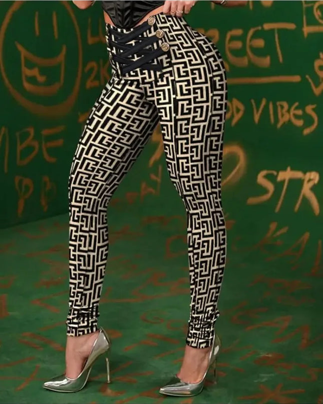 Women's High-Waist Geometric Criss-Cross Button-Detail Pencil Pants