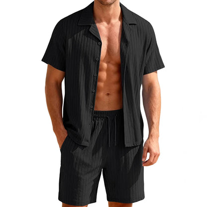 Men's Two-Piece Casual Button-Down Shirt and Drawstring Shorts Set